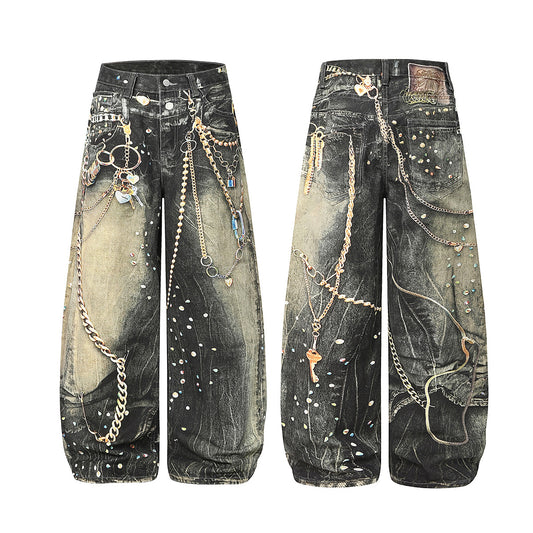 Chain Paint  3D Print Washed Wide Leg Denim Jeans WN25475