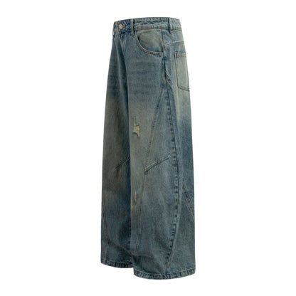 Washed Panel Design Wide Leg Denim Jeans WN26125
