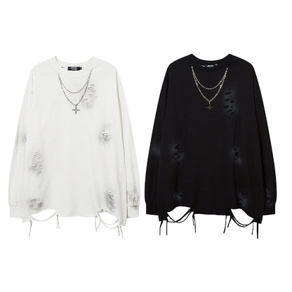 Plain Damage Necklace Long Sleeve T-Shirt WN11214