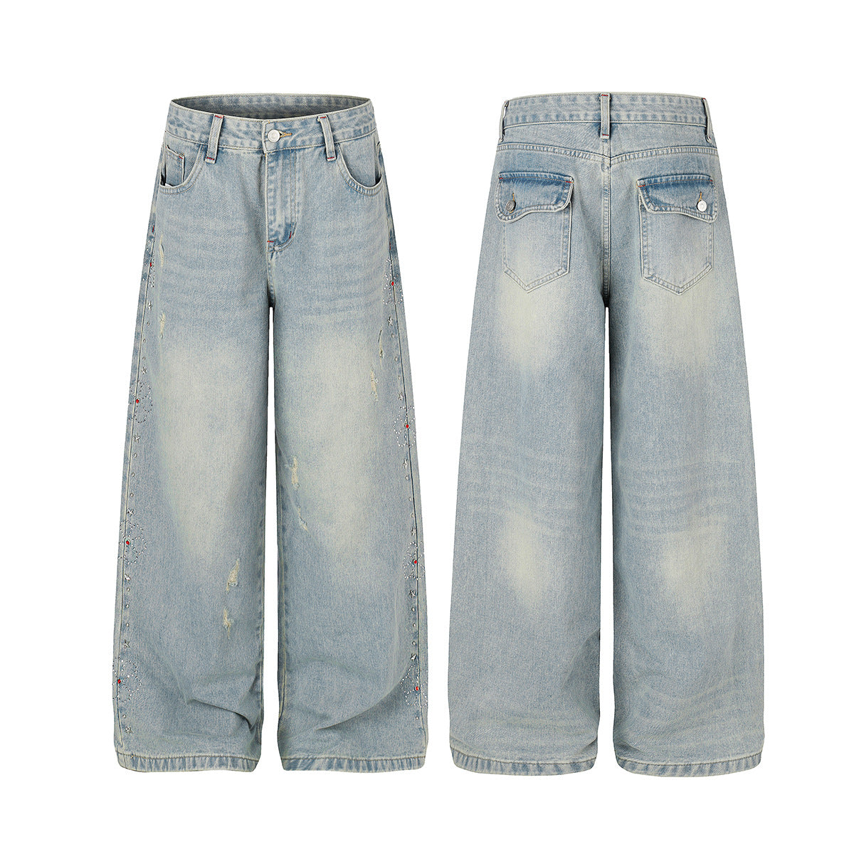 Washed Paint Studs Detail Wide Leg Denim Jeans WN25418