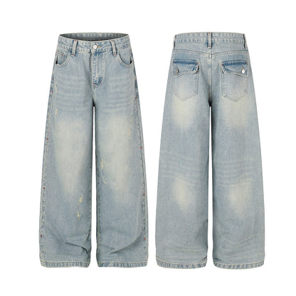 Washed Paint Studs Detail Wide Leg Denim Jeans WN25418