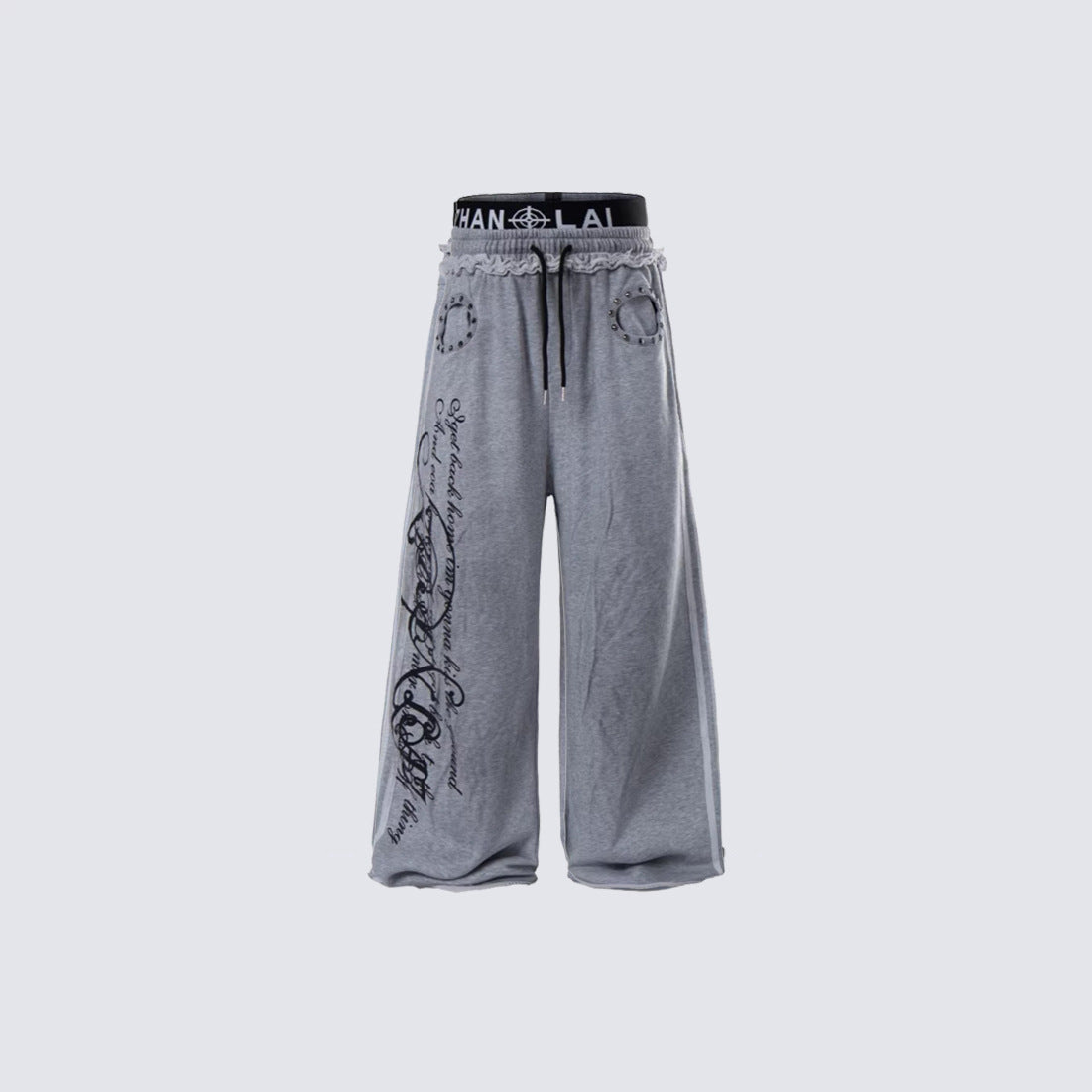 Gothic Letter Print Frayed Waist Wide Leg Sweatpants WN27838