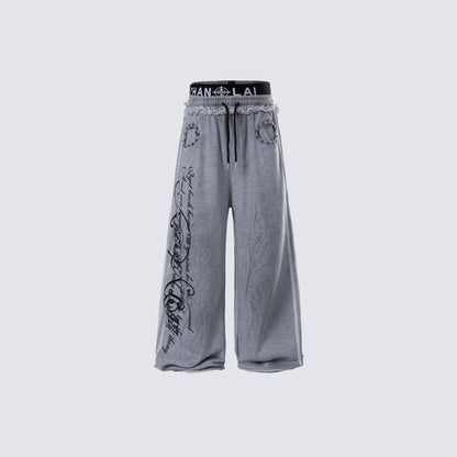 Gothic Letter Print Frayed Waist Wide Leg Sweatpants WN27838