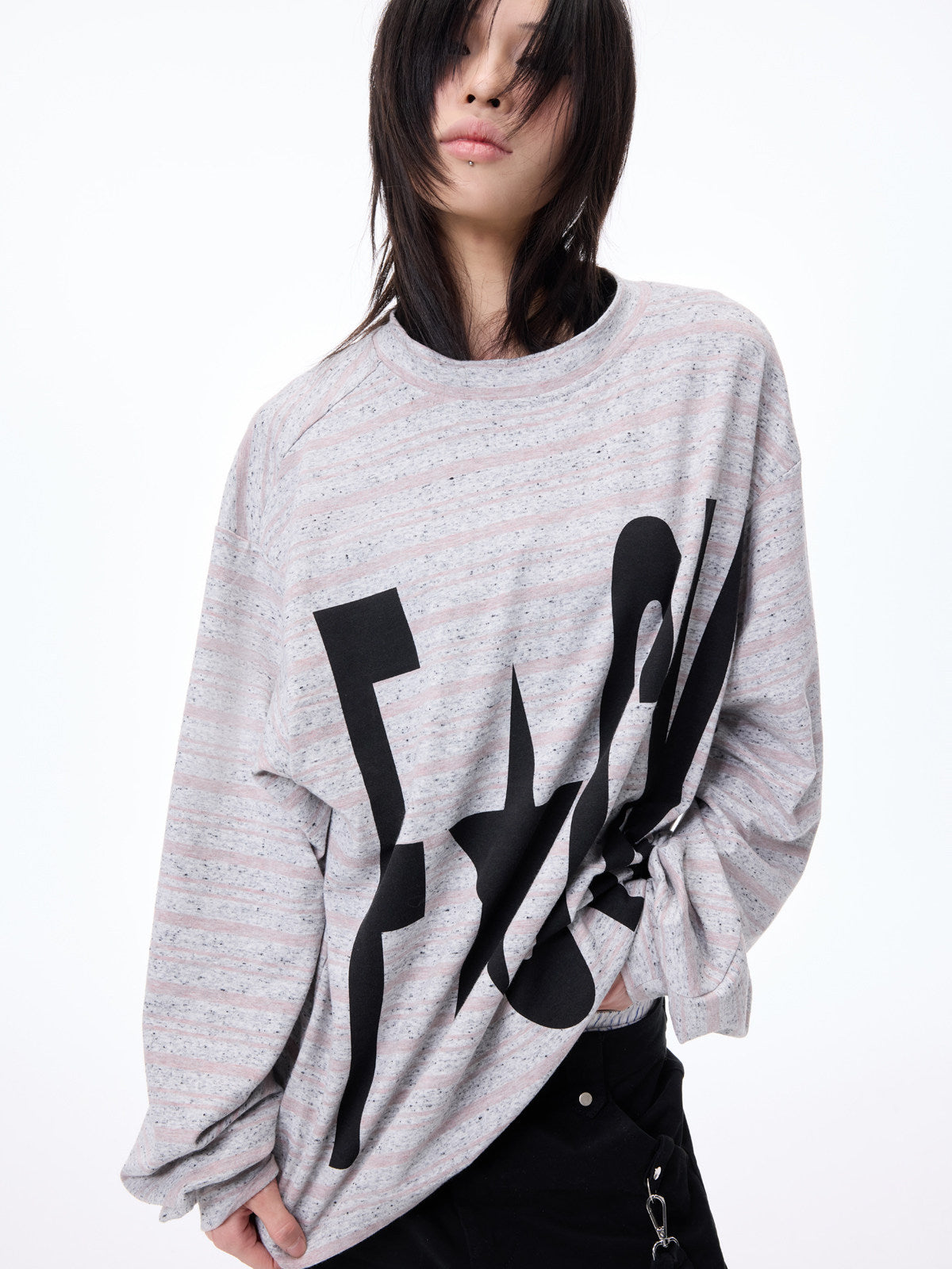 Contrast Stripe Slogan Print Oversize Long Sleeve T-Shirt WN27321