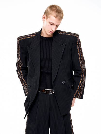 Striped Shoulder-pad Double-Breasted Tailored Jacket & Striped Wide Leg Trousers Setup WN21802