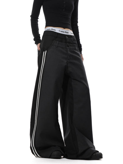 Double Waistband Stripe Patch Wide Leg Pants WN22096