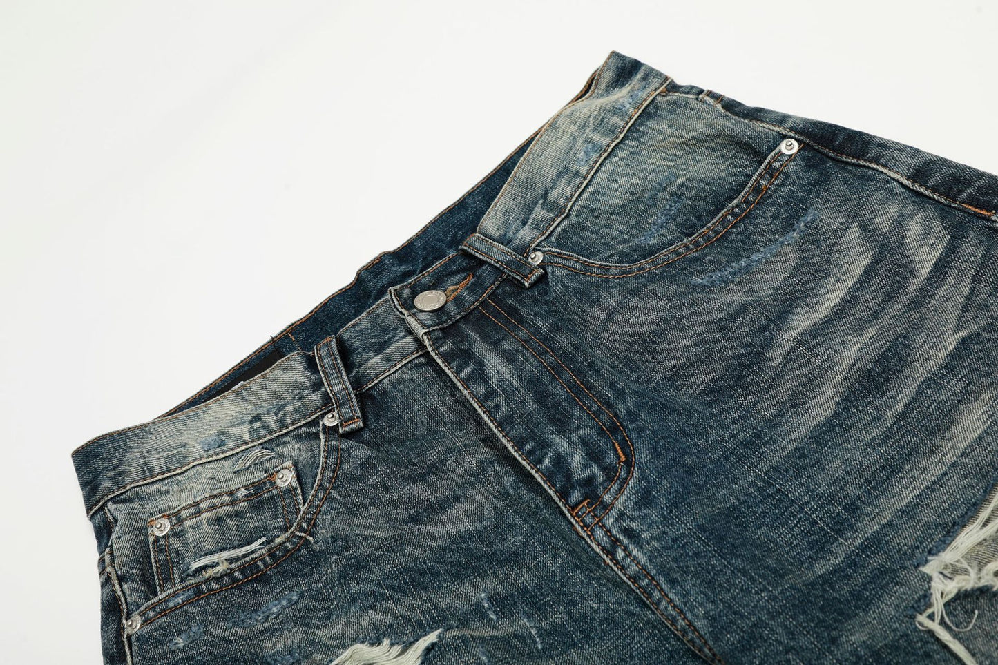 Damage Whisker Wash Straight Denim Jeans WN25951