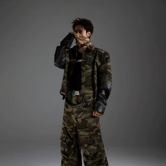 Camouflage Patchwork PU Leather Jacket & Straight Cargo Pants Setup WN13576