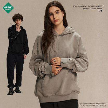 Oversize Zipper Design Damage Hoodie WN9979