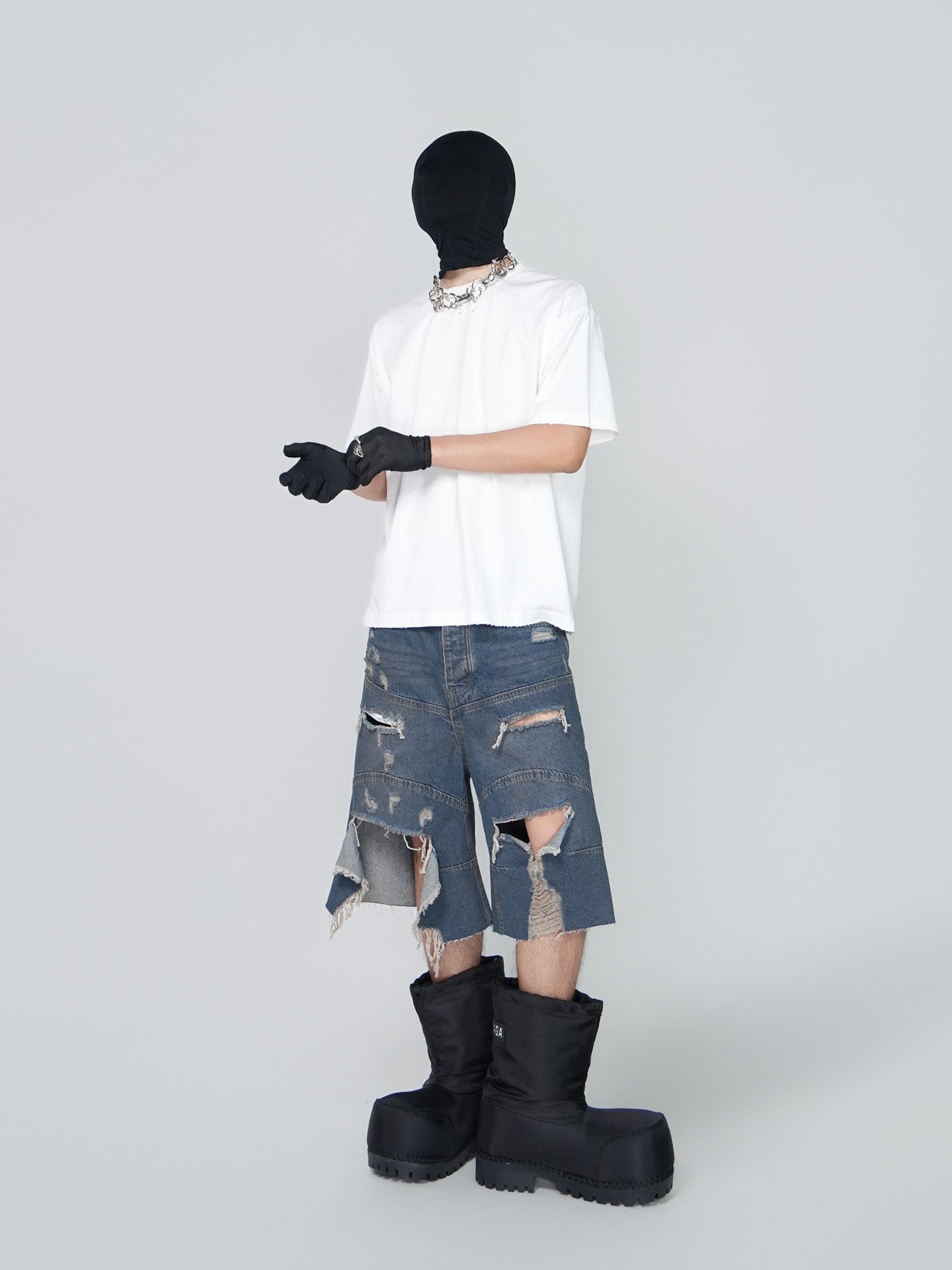 Washed Damage Fray Wide Leg Denim Half Jeans WN24314