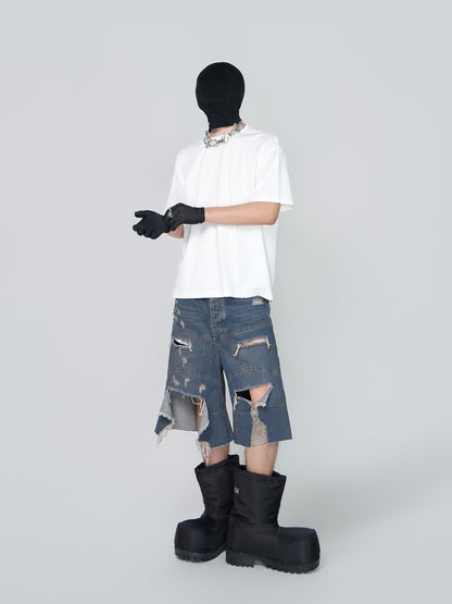 Washed Damage Fray Wide Leg Denim Half Jeans WN24314