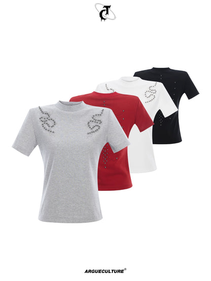 Spine Embroidery Metal Studs Short Sleeve T-Shirt WN16311