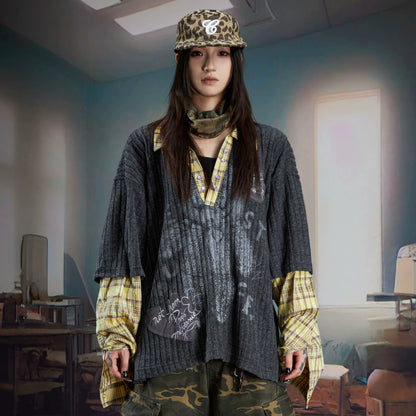 Fake Layered V-Neck Patchwork Long Sleeve T-Shirt WN21358