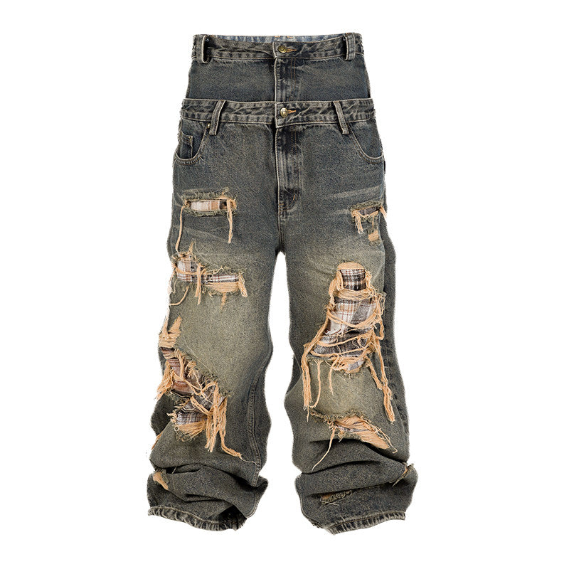 Wide Leg Damage Double Waist Denim Jeans WN26640