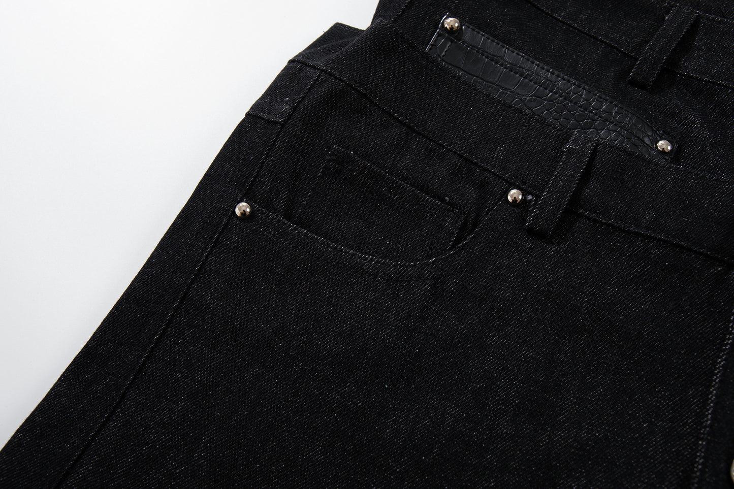 Rivet Leather Patchwork Wide Leg Denim Jeans WN23050