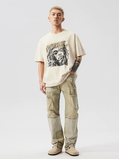 Patchwork Damage Straight Denim Jeans WN17483