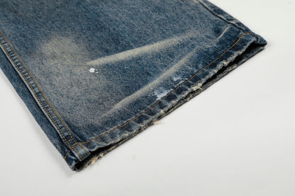 Washed Whisker Paint Splatter Straight Denim Jeans WN26147