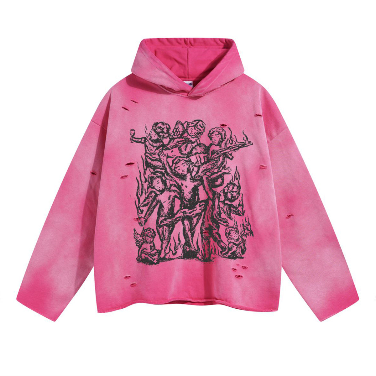 Spray Print Damage Cut-off Oversize Hoodie WN10002