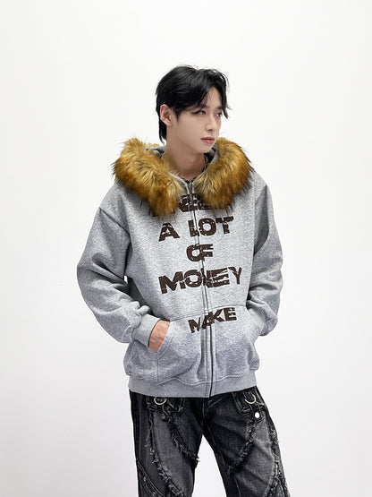 Letter Detachable Fake Fur Fleece Lining Hoodie WN24252