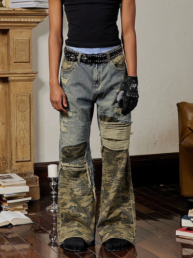 Washed Random Stitch Damage Denim Camouflage  Pants WN17803