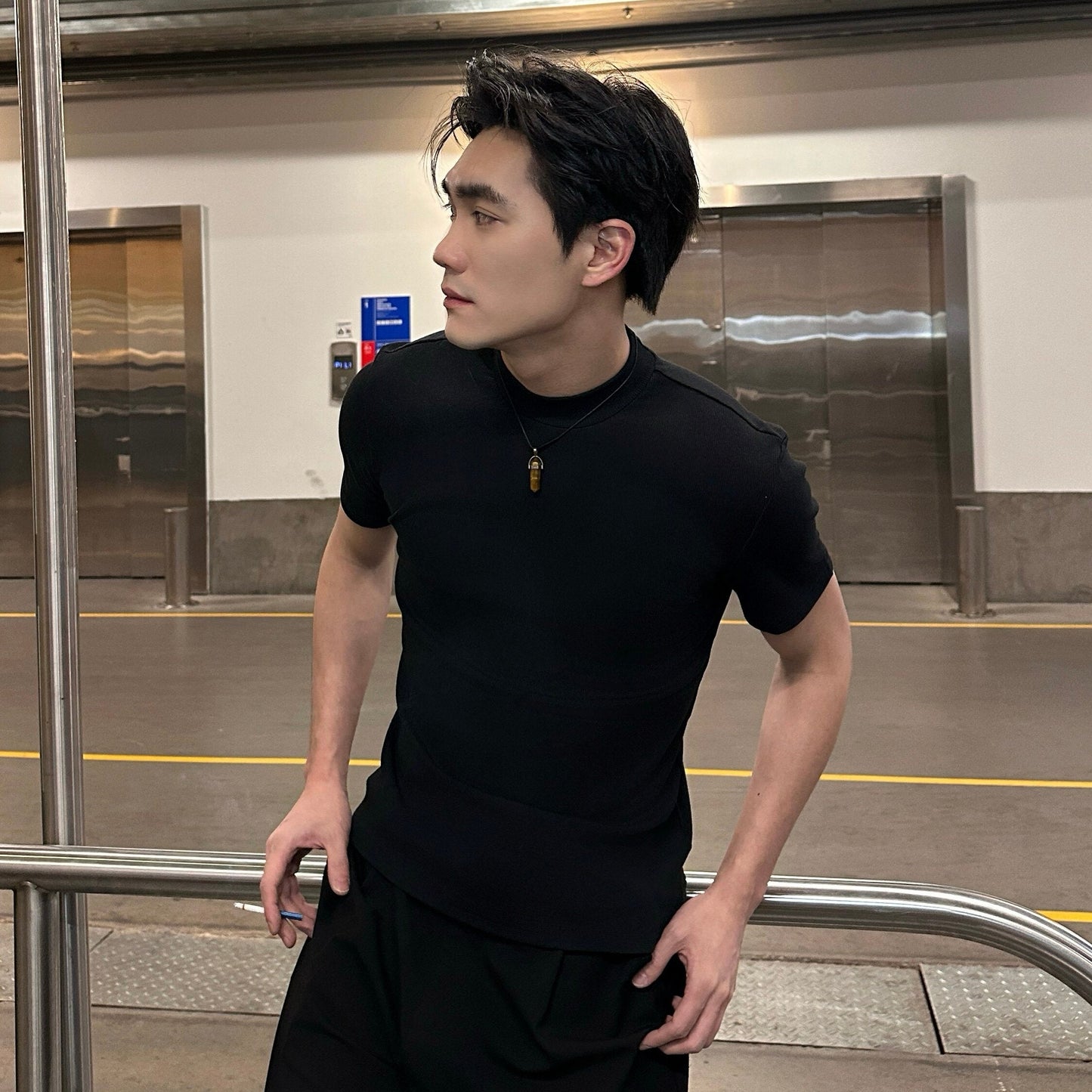 High-Neck Slim Short Sleeve T-Shirt WN25213