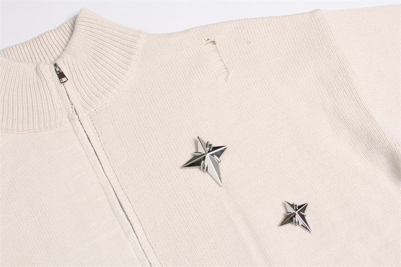 Damage Zipper Stand Neck Knit Cardigan WN11157