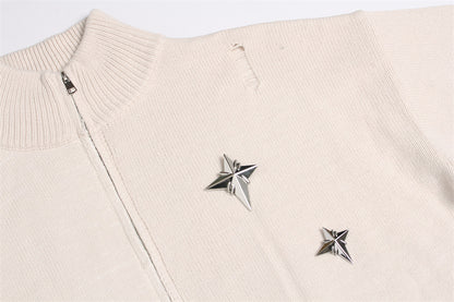 Damage Zipper Stand Neck Knit Cardigan WN11157