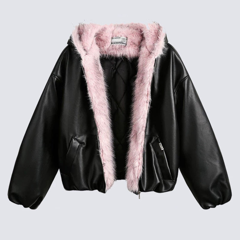 Fake Fur Lining Hooded PU Leather Jacket WN28066