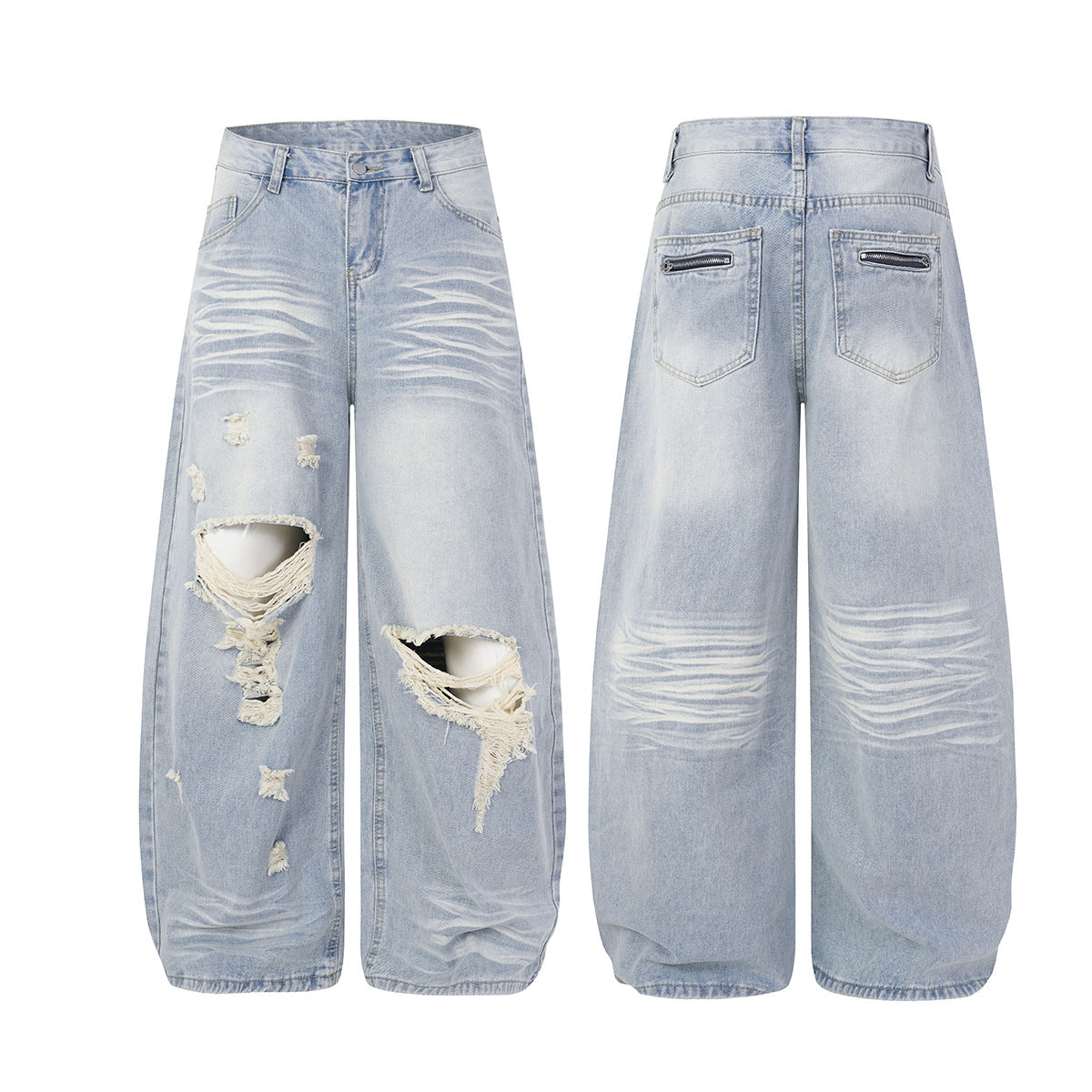 Washed Whisker Damage Wide Leg Denim Jeans WN25532