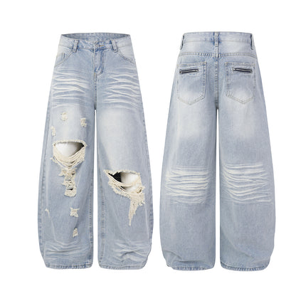 Washed Whisker Damage Wide Leg Denim Jeans WN25532
