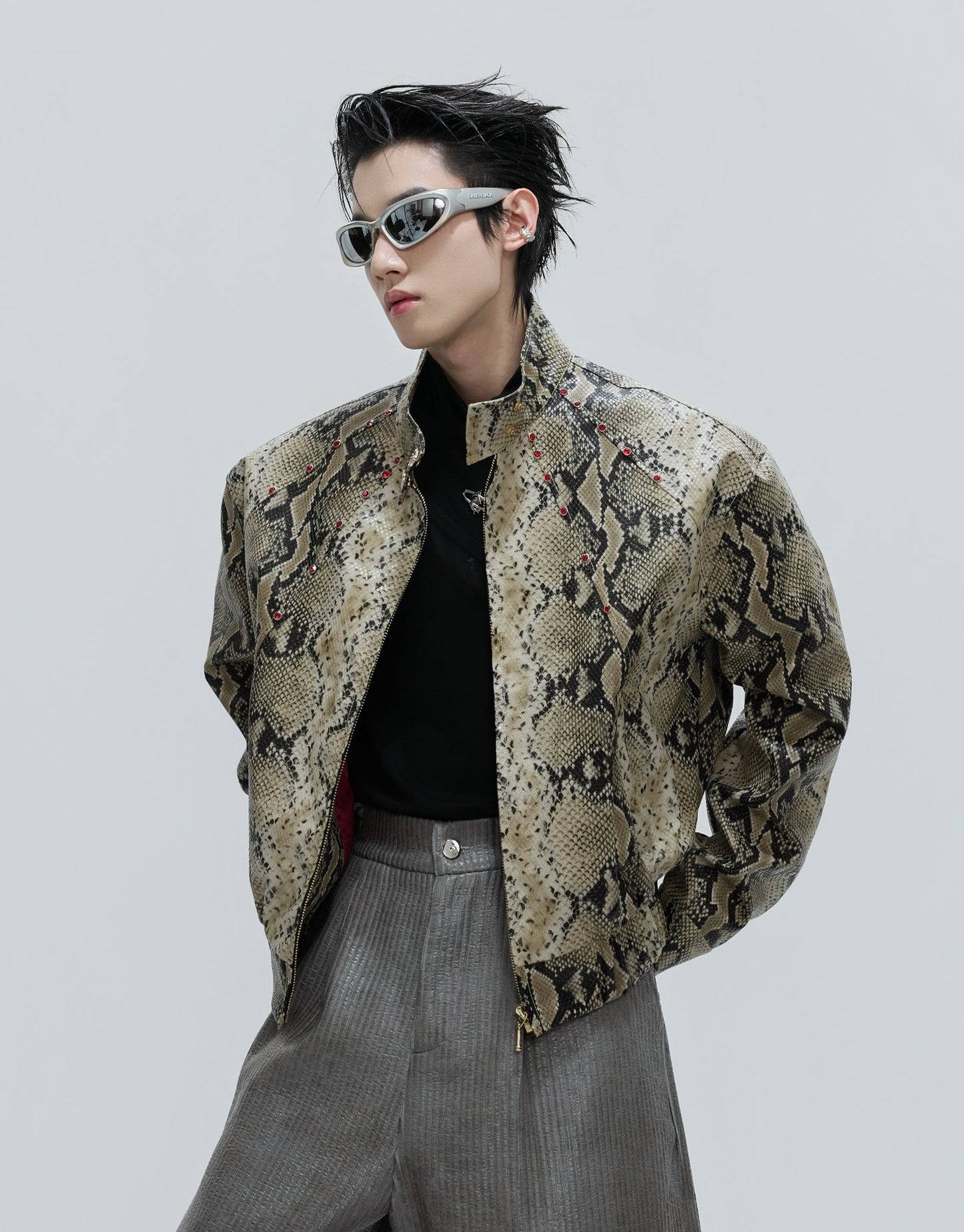 Snake Texture Gem Embellished Standing-Collar PU Leather Short Jacket WN21685