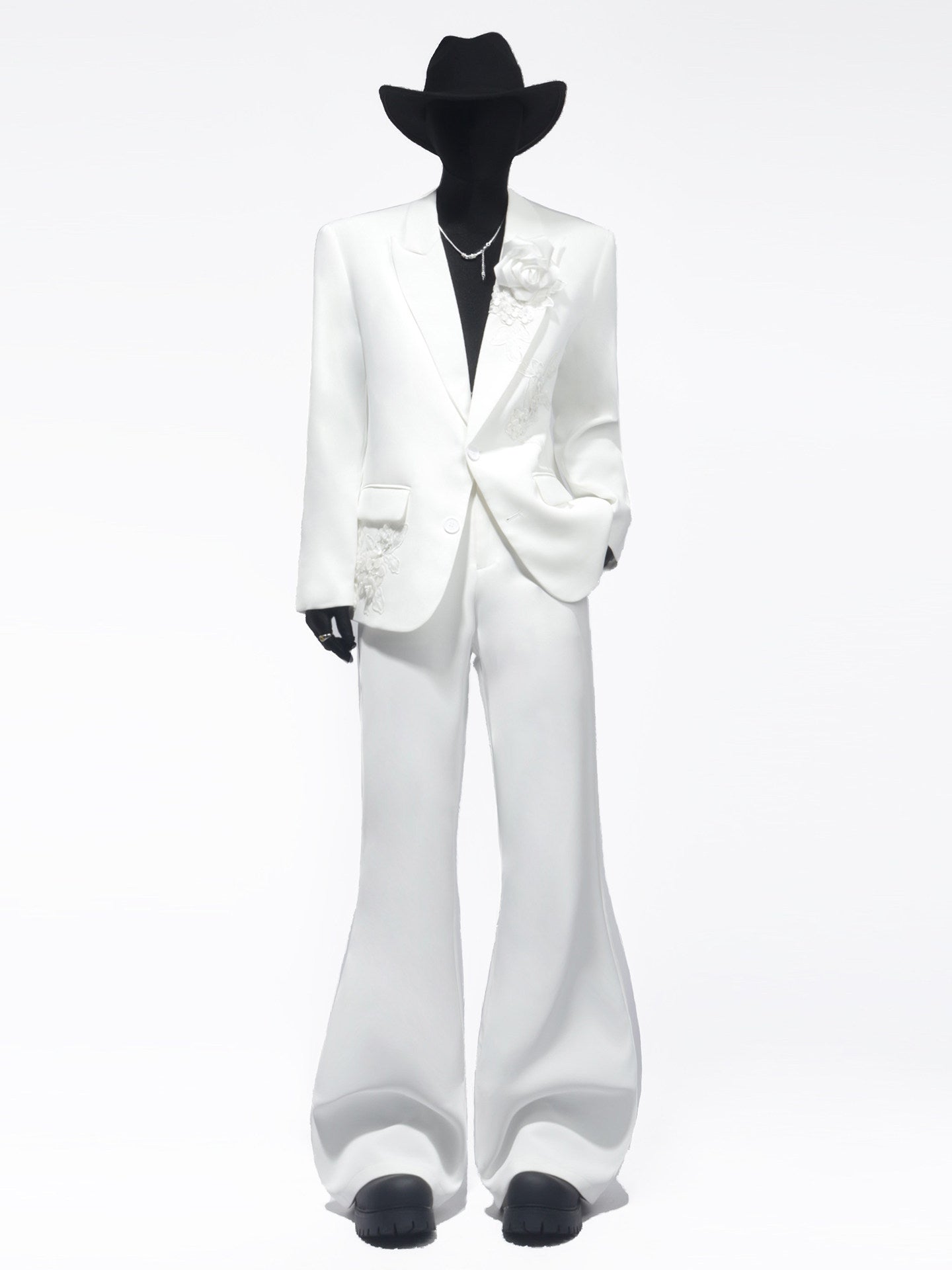 Flower Decor Tailored Jacket & Flare Trousers Setup WN23716