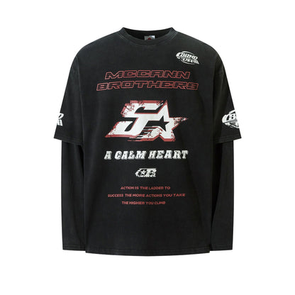 Fake Layered Dirty Dye Print Long Sleeve T-Shirt WN25581