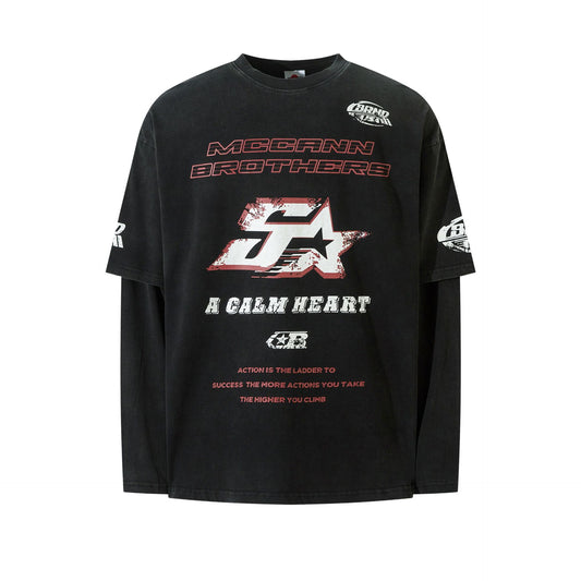 Fake Layered Dirty Dye Print Long Sleeve T-Shirt WN25581