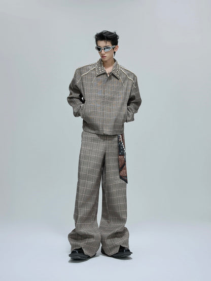 Pearl Houndstooth Lapel Short Jacket & Trousers Setup WN21759