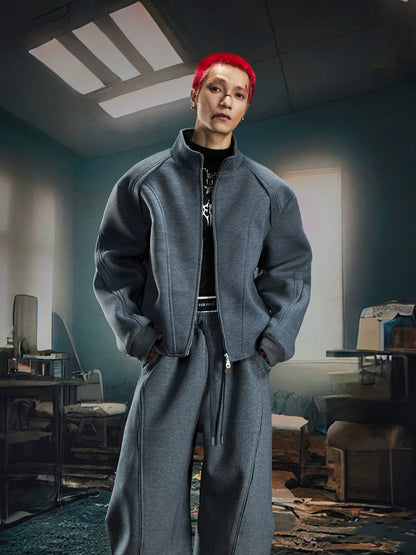 Deconstructed Oversize Zipper Stand Neck Jacket & Wide Leg Pants Setup WN20586