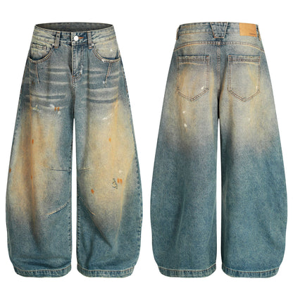 Dirty Washed Curved Wide Leg Denim Jeans WN25914