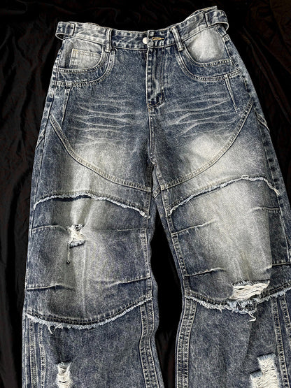 Washed Damage Splice Wide Leg Denim Jeans WN25742