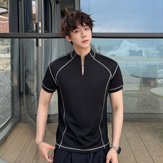 Contrast Stitch Half-Zip Short Sleeve T-Shirt WN25187
