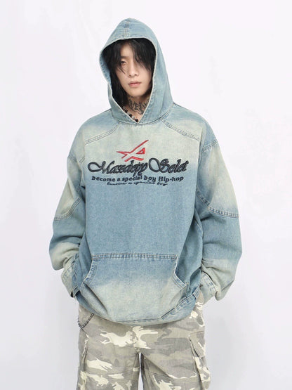 Washed Embroidery Heavyweight Denim Hoodie WN8350