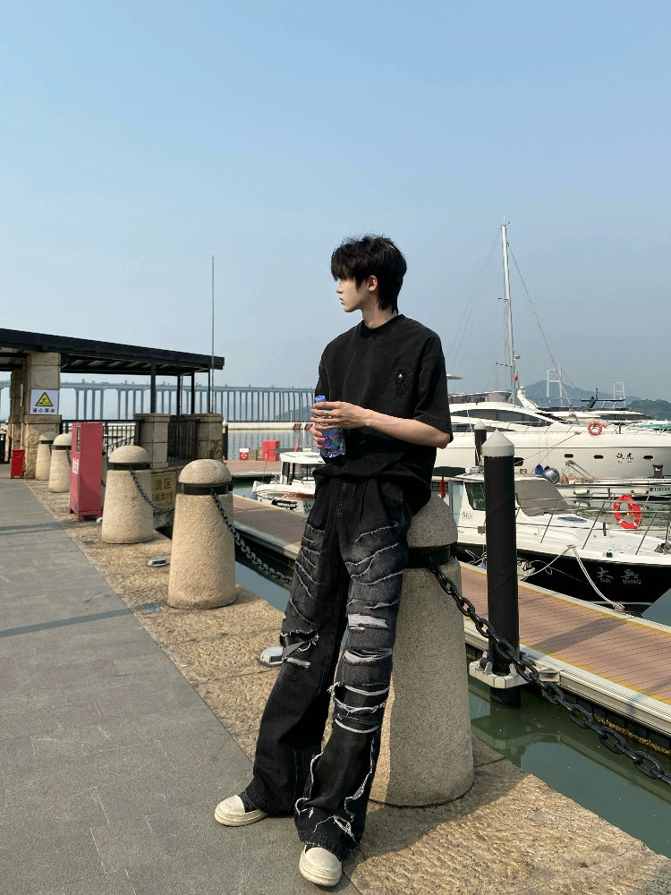 Wash PU Patchwork Tassel Heavyweight Denim Jeans WN20743