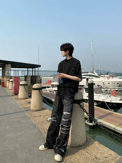 Wash PU Patchwork Tassel Heavyweight Denim Jeans WN20743