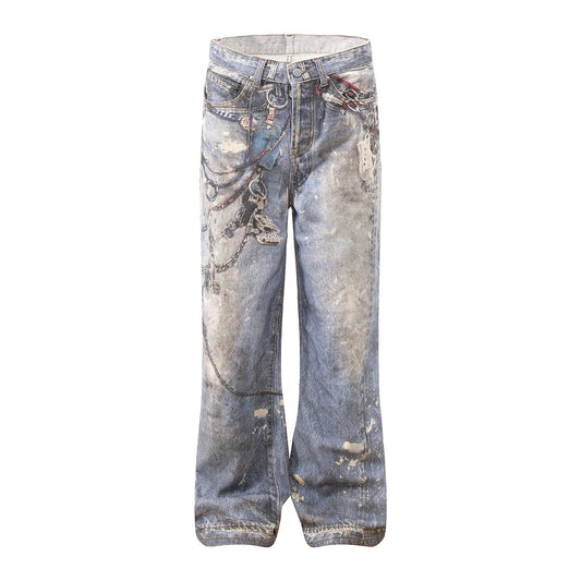 Washed Print Straight Denim Jeans WN12660