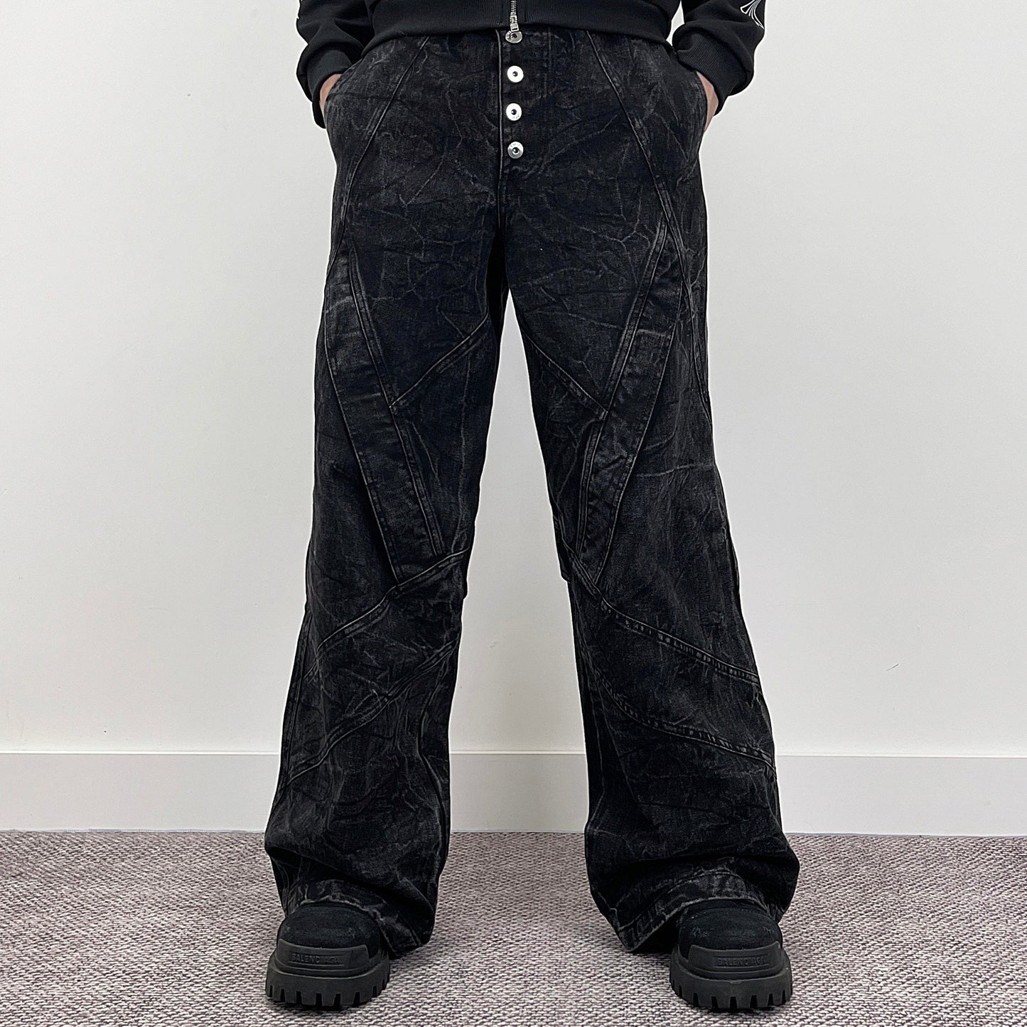 Cracked Wash Deconstructed Wide Leg Denim Jeans WN24278