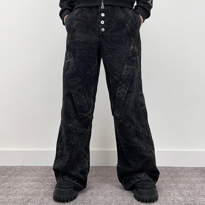 Cracked Wash Deconstructed Wide Leg Denim Jeans WN24278