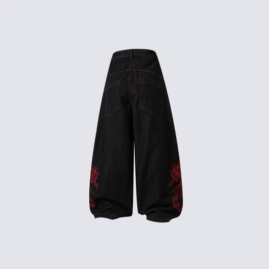 Dragon Embroidery Wide Leg Denim Jeans WN27934