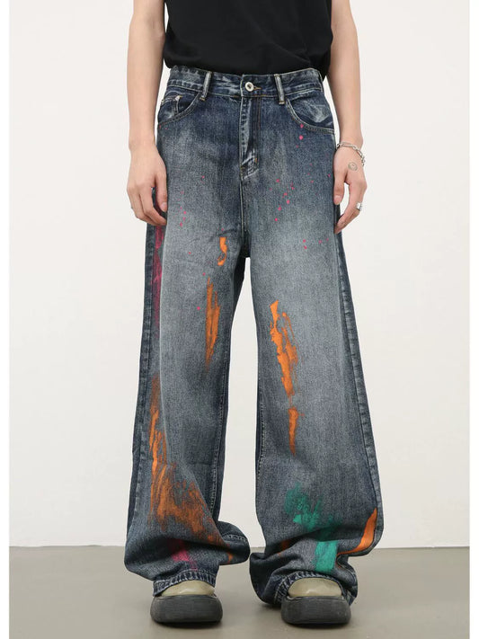 Hand-painted Design Wide-Leg Straight Denim Jeans WN7437