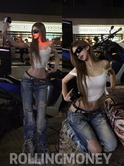 Damage Washed Stacked Denim Jeans WN27404