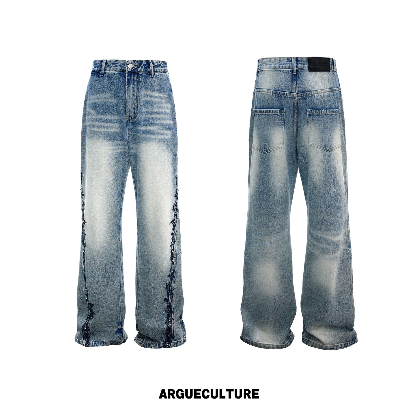 3D Embroidery Rivet Wash Wide Leg Denim Jeans WN26978
