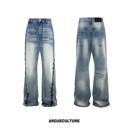 3D Embroidery Rivet Wash Wide Leg Denim Jeans WN26978
